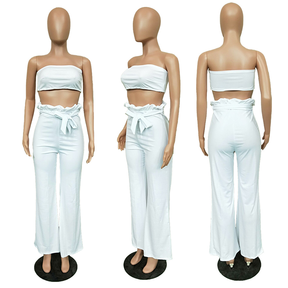 Women Solid Strapless Elegant Ruffle Top+ Wide Leg Pants Style Two Piece -  The Little Connection
