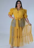 Plus Size Women Chiffon Puff Sleeve Mesh Patchwork Ruched Dress