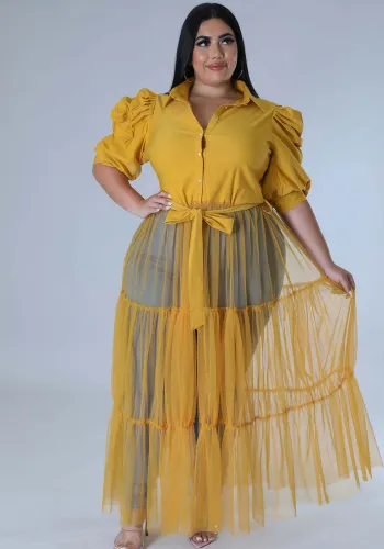 Plus Size Women Chiffon Puff Sleeve Mesh Patchwork Ruched Dress
