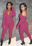 Women Solid Halter Neck Zip Cut Out Long Sleeve Top and Pant Two Piece