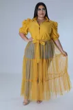Plus Size Women Chiffon Puff Sleeve Mesh Patchwork Ruched Dress