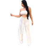Women Solid Strapless Top + Ruffles Wide Leg Pants Two Piece Belted