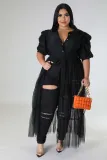 Plus Size Women Chiffon Puff Sleeve Mesh Patchwork Ruched Dress