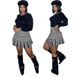 Women Long Sleeve Top and Print Pleated Skirt Two Piece