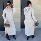 Women Solid Hooded Long Sleeves Slit Dress