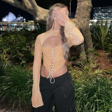 Women Sexy Mesh Fishbone Cutout See-Through Lace-Up Crop Top