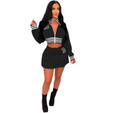 Women Casual Long Sleeve Letter Print Baseball Jacket and Mini Skirt Two-Piece