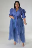 Plus Size Women Chiffon Puff Sleeve Mesh Patchwork Ruched Dress