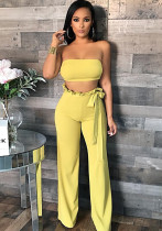 Women Solid Strapless Top + Ruffles Wide Leg Pants Two Piece Belted