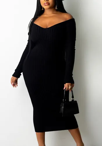 Women Sexy V-Neck Off Shoulder Ribbed Bodycon Dress