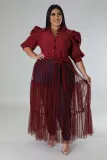 Plus Size Women Chiffon Puff Sleeve Mesh Patchwork Ruched Dress