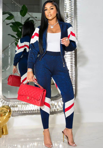 Women Sports Patchwork Zip Long Sleeve Top and Pant Two Piece