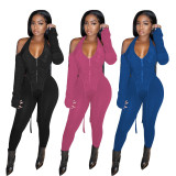 Women Solid Halter Neck Zip Cut Out Long Sleeve Top and Pant Two Piece
