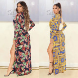 Autumn and winter women's fashion sexy slit print long-sleeved dress