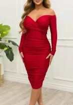 Fall Winter Women's Sexy Off Shoulder Pleated Bodycon Long Sleeve Dress
