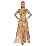 Autumn and winter women's fashion sexy slit print long-sleeved dress