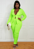 Plus Size Women's Solid Neon Green Long Sleeve Chic One Button Blouse and Pants Two Piece Set