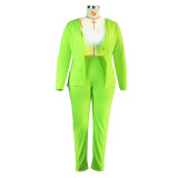 Plus Size Women's Solid Neon Green Long Sleeve Chic One Button Blouse and Pants Two Piece Set