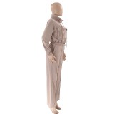 Autumn Winter Solid Color Zipper Double Pocket Drawstring Long Sleeve Top Fashion Casual Pants Suit