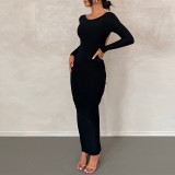 Solid Sexy Low Back Pleated Long Chic Slim Dress