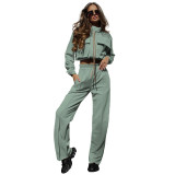 Autumn Winter Solid Color Zipper Double Pocket Drawstring Long Sleeve Top Fashion Casual Pants Suit
