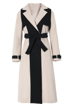 Gabardina larga de moda para mujer Otoño/Invierno Colorblock Turndown Collar Tie Chic Slim Waist Coat