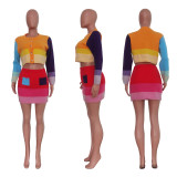 Women's Casual Knitting Contrast Skirt Set