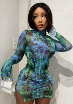 Women'S Fall Fashion Sexy Flare Sleeve Print Slit Bodycon Dress