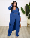 Fall Fashion Women'S Solid Color Ribbed Vest Long Coat 3 Piece Pants Set