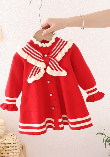 Детский детский свитер, осенне-зимнее платье-свитер с бантом для девочек