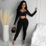 Sexy Women'S Solid Drawstring Lace-Up Open Waist Two Piece Pants Set