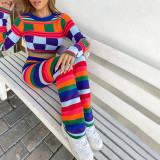 Women'S Fall Fashion Contrast Color Knitting Long Sleeve Slim Top High Waist Pants Two Piece Set