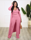 Fall Fashion Women'S Solid Color Ribbed Vest Long Coat 3 Piece Pants Set