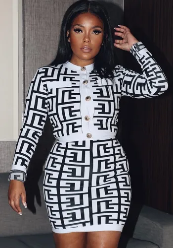 Women'S Autumn Round Neck Digital Print Coat Mini Skirt Fashion Two Piece Set