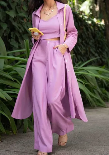 Fall Winter Women'S Chic Trousers Shirt Strap Tank Straight Pants Three-Piece Set