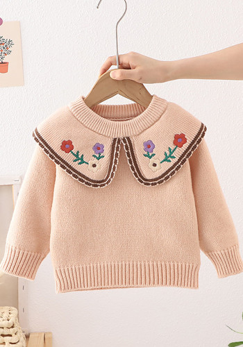 Children'S Sweater Autumn Winter Girls Turndown Collar Embroidered Flower Pullover Solid Color Sweater