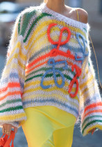 Maglione da donna a righe a contrasto autunnale da donna. Maglia a maglia larga da donna