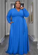 Otoño Casual Mujer Bolsillo sólido Abrigo Cuello en V Manga larga Tallas grandes Maxi vestido