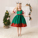 Weihnachten Kinderkleidung Kleid Cartoon bedruckte Satin Party Tanzkostüme