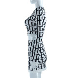 Women'S Autumn Round Neck Digital Print Coat Mini Skirt Fashion Two Piece Set