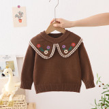 Children'S Sweater Autumn Winter Girls Turndown Collar Embroidered Flower Pullover Solid Color Sweater