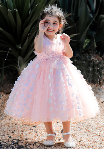 Vestido de fiesta de malla con lazo de princesa con lazo rosa para niñas
