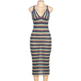 Women'S Fall Fashion V-Neck Sling Sexy Knitting Stripe Slim Holiday Dress