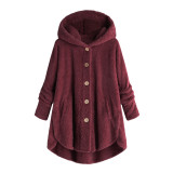 Women Button Irregular Solid Hood Coat