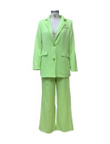 Women Solid Long Sleeve Suit and Wide Leg Pants Two Piece Set
