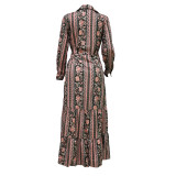 Women Boho Print Long Sleeve Turndown Collar Dress