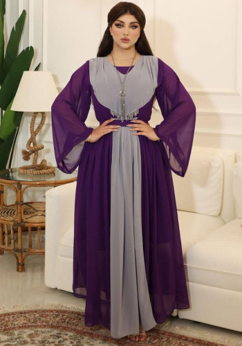 Muslimisches Chiffon-Kontrast-Langarm-Mesh-langes Kleid