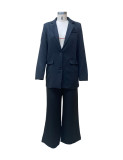 Women Solid Long Sleeve Suit and Wide Leg Pants Two Piece Set