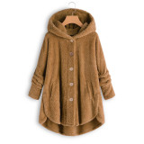 Women Button Irregular Solid Hood Coat