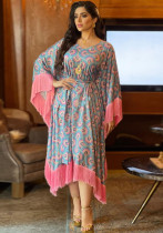 Muslim Women Tassel Print Large Sleeve Long Gown